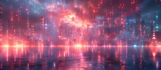 Futuristic Cityscape Backdrop on a Theatrical Stage showcasing Towering Skyscrapers and Vibrant Neon Lights