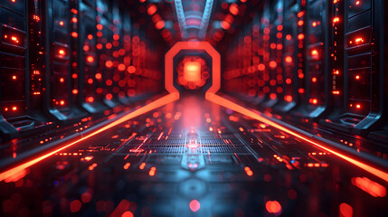 Futuristic Cybersecurity Shield Safeguarding Dynamic Digital Network from Virtual Threats in Sci Fi Glowing Tunnel Landscape