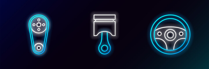 Set line Steering wheel, Timing belt kit and Engine piston icon. Glowing neon. Vector