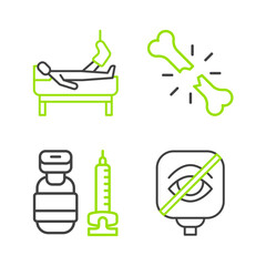 Set line Blindness, Syringe, Human broken bone and Patient with leg icon. Vector