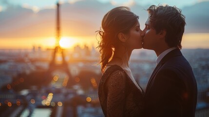 Beautiful scene in Paris with a couple sharing a romantic kiss near the Eiffel Tower at sunset. The city lights and vibrant skies set a dreamy mood.