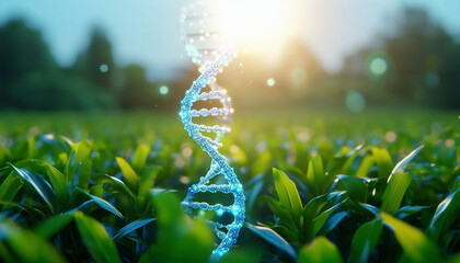 A 3D holographic projection of a DNA strand within a crop field, symbolizing the genetic enhancement 