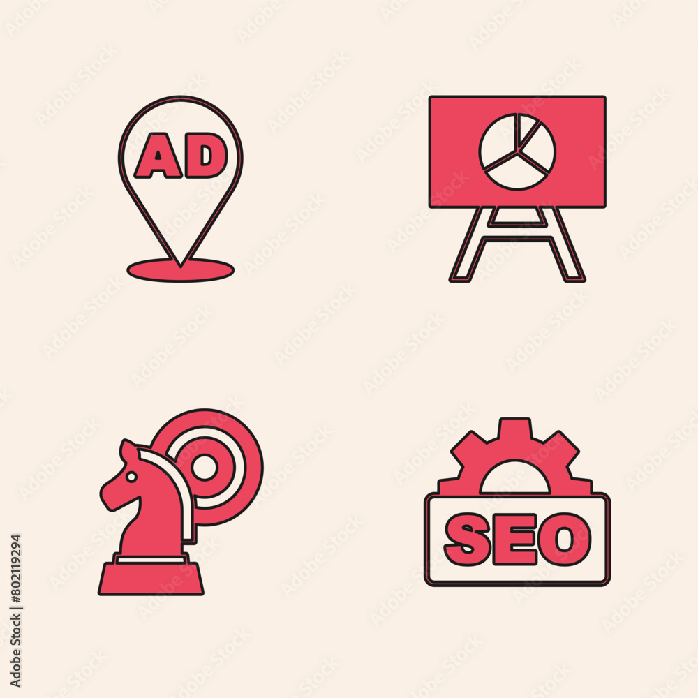 Aufkleber set seo optimization, advertising, board with graph chart and chess icon. vector