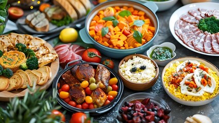 Food Spread at a Buffet or Family Gathering: A Display of Various Delicacies. Concept Buffet Presentation, Family Feast, Food Variety, Culinary Delights