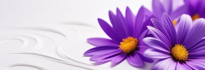 Fototapeta premium Purple flowers on a white background. Close-up. Advertising, banner, postcard, presentation template. Copy text space.