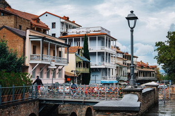 The Abanotubani district with its cute balconies house in Tbilisi old town, Kala (Georgia)
