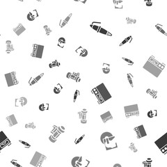 Set Fountain pen nib, Vinyl disk, Old video cassette player and Camera roll cartridge on seamless pattern. Vector