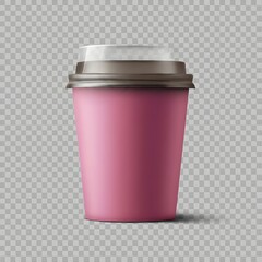 PINK realistic mockup of paper cup with lid on transparent background