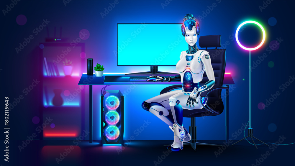 Poster 3d Robot woman with AI used computer sitting at desk. A cyborg girl is sitting in computer chair at monitor of powerful desktop PC with empty screen. AI robot work on computer. AI robot on workplace.