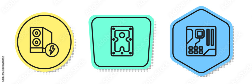 Aufkleber set line case of computer, hard disk drive hdd and motherboard digital chip. colored shapes. vector