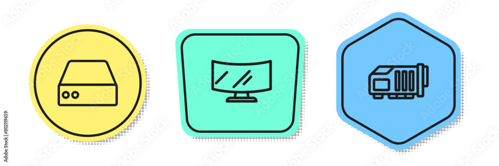 Poster set line server, data, web hosting, computer monitor screen and video graphic card. colored shapes. 