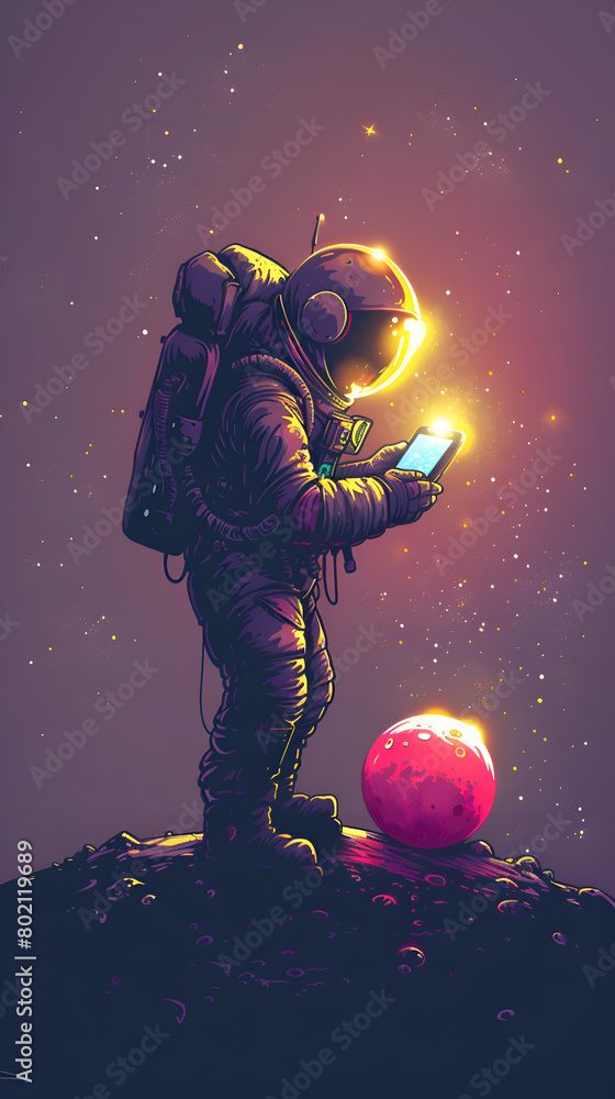 Poster a man in a spacesuit is holding a cell phone in front of a planet. the image has a futuristic and sp