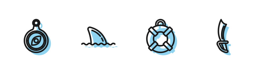 Set line Lifebuoy, Compass, Shark fin in ocean wave and Pirate sword icon. Vector