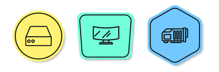 Set line Server, Data, Web Hosting, Computer monitor screen and Video graphic card. Colored shapes. Vector