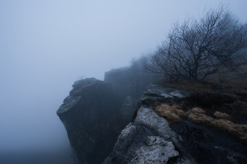 Gloomy and totally moody view deep in the foggy rocks with the best dark and mystic atmosphere in the north of Bohemia.