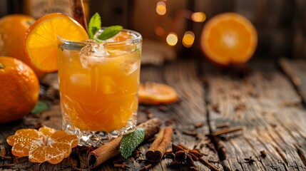 Autumn spicy booze alcohol drink, Tangerine Whiskey Smash cocktail with mint, cinnamon and tangerine slice on wooden background