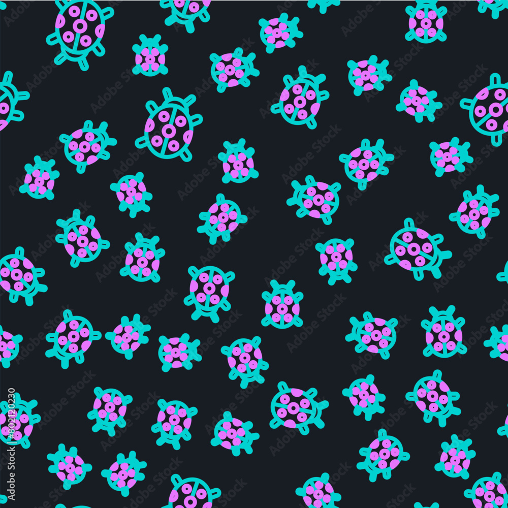 Poster line ladybug icon isolated seamless pattern on black background. vector