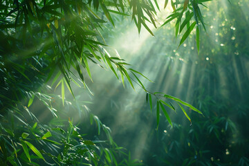 Sunbeams filtering through the leaves of a dense bamboo forest.