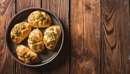 Fresh buns with garlic and herbs on wooden table. Tasty food. Homemade bakery. Baked goods.