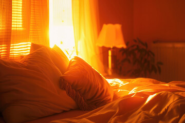 A cozy room bathed in orange light