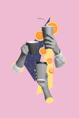 Vertical photo collage of hand hold variety beverages cacao coffee americano chill lemonade orange cocktail isolated on painted background - obrazy, fototapety, plakaty