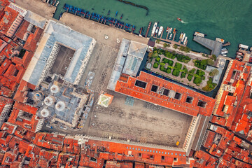 Panoramic shot of Venice, San Marco, Italy. Tiled roofs and streets. Historical buildings. Tourism.