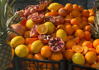 Early morning light shines on baskets of fruit in Istanbul, Turkey 