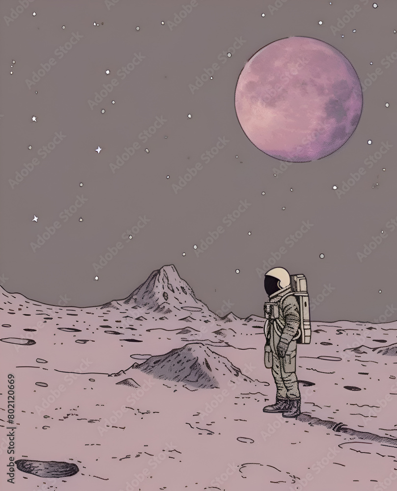 Poster a man in a spacesuit stands on a moon-like planet. the man is looking up at the sky, which is filled