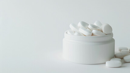Container of pills with blank badge on white background