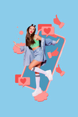 Vertical photo collage of happy girl stand big iphone screen reaction heart feedback thumb up...