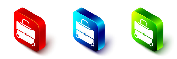 Isometric Briefcase icon isolated on white background. Business case sign. Business portfolio. Red, blue and green square button. Vector