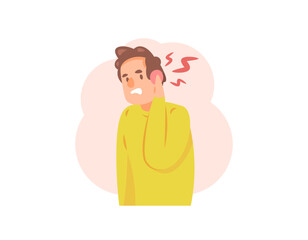 illustration of a man with red and swollen ears. earache. Otalgia symptoms. ear infection. pain in the inside or outside of the ear. health problems and disorders. flat style character illustration