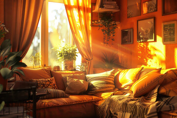 A cozy room bathed in orange light