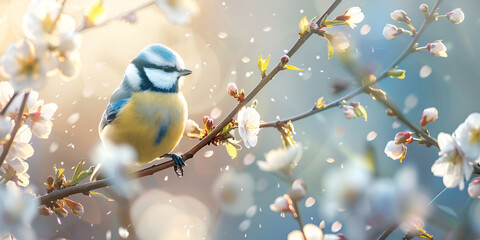 A bird sits on a branch of cherry blossoms.
