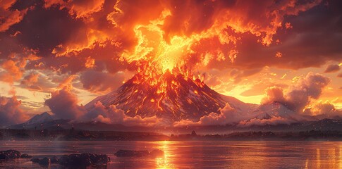 Majestic Volcanic Eruption at Sunset, Dramatic Nature Scene