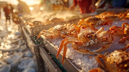 A table full of crabs with ice on top