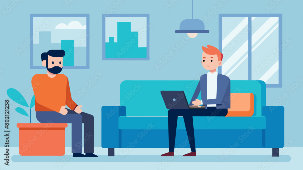 Poster in a thes office a man sits on a couch while his the listens intently as he describes switching back