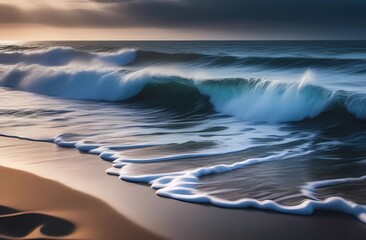 Fototapeta premium Illustration of waves crashing on a black sand beach. Soothing landscape. Calm and peacefulness.