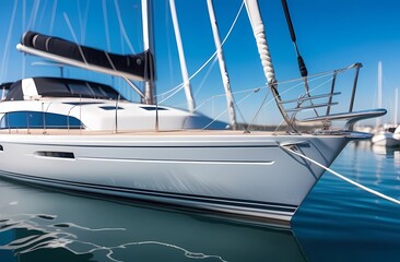 Picturesque landscape of a sailboat sailing on rippling sea water next to a rocky cliff against a sky background