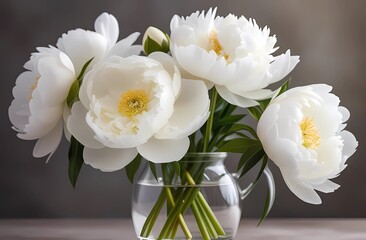 Close-up of beautiful white peonies in a glass vase on neutral beige background