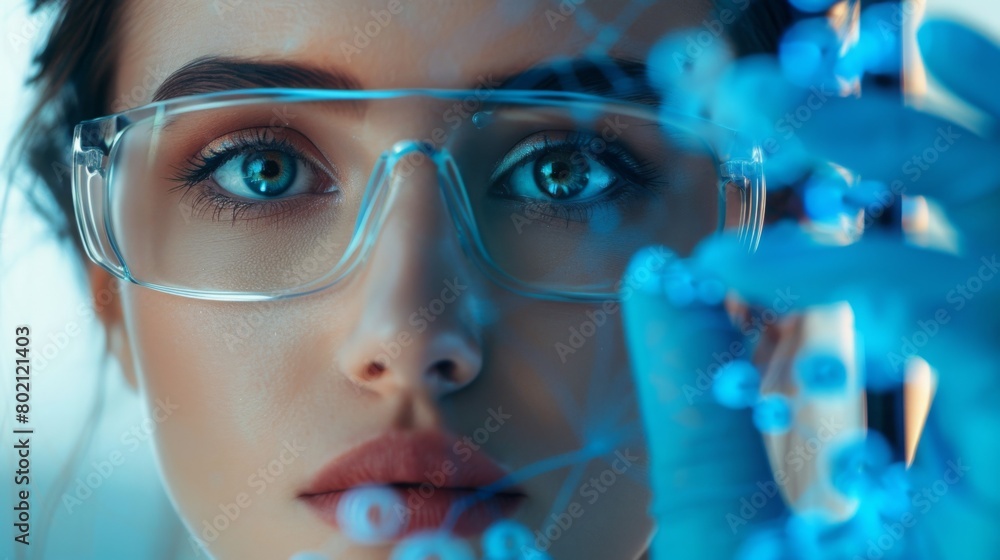 Poster a focused female scientist examines a translucent dna helix model in a well-equipped biotechnology l