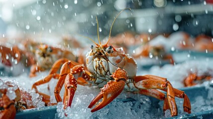 Close-up real-world photography capturing the serene beauty and tranquility of frozen seafood processing for global markets