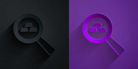 Paper cut Gold bars icon isolated on black on purple background. Banking business concept. Paper art style. Vector