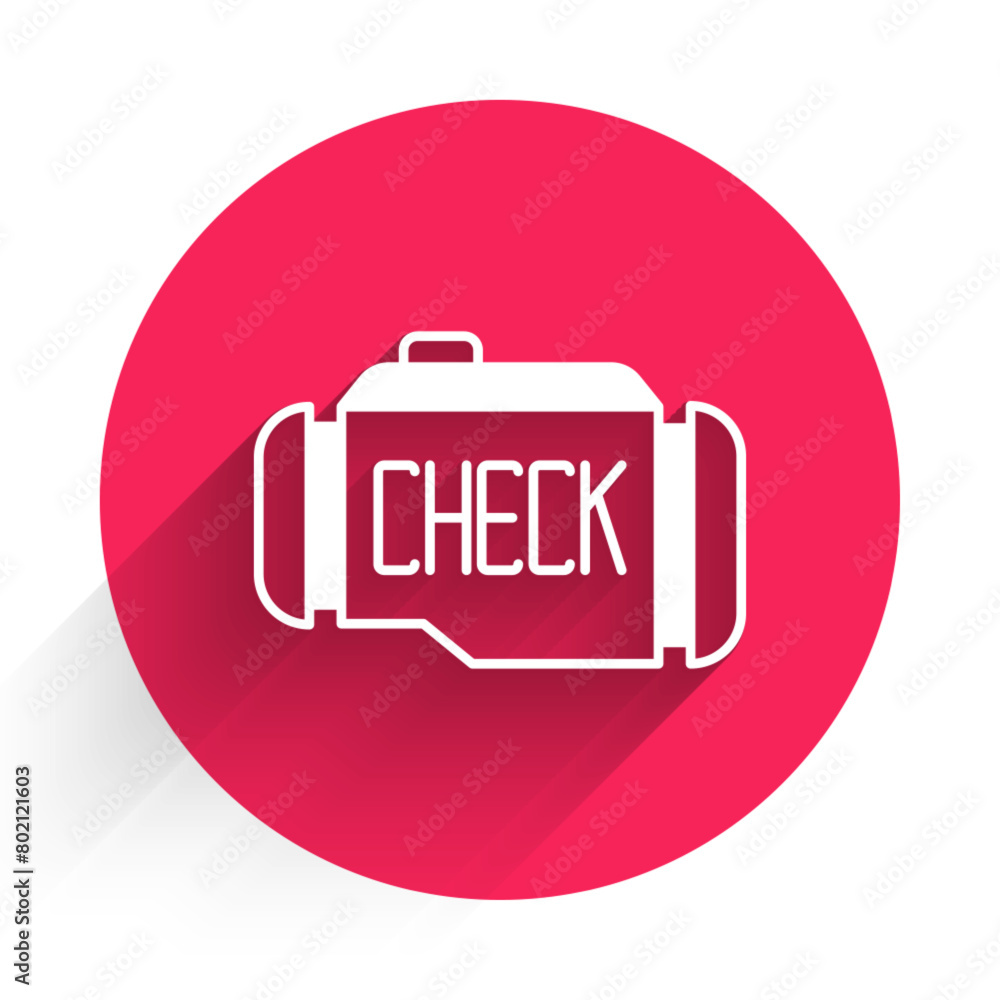 Canvas Prints White Check engine icon isolated with long shadow background. Red circle button. Vector