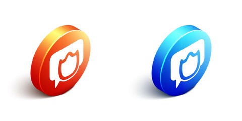 Obraz premium Isometric Speech bubble chat icon isolated on white background. Message icon. Communication or comment chat symbol. Orange and blue circle button. Vector