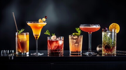 Cocktails set on black bar counter. Mixology concept. Assortment of colorful strong and low alcohol drinks for cocktail party. Dark background, bar tools, hard light