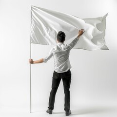 Man with White Flag Unveiling the Future. Generative ai