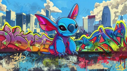 A surreal depiction of Stitch emerging from a graffiti-covered portal into a whimsical alternate reality with high building background 