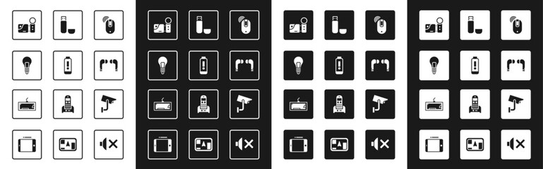 Set Wireless computer mouse, Battery charge level indicator, Light bulb with concept of idea, Cinema camera, Air headphones, USB flash drive, Security and Keyboard icon. Vector
