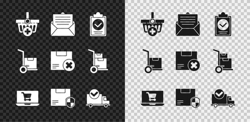 Set Add to Shopping basket, Envelope, Verification of delivery list clipboard, cart laptop, Delivery security with shield, truck check mark, Hand and boxes and Carton cardboard delete icon. Vector